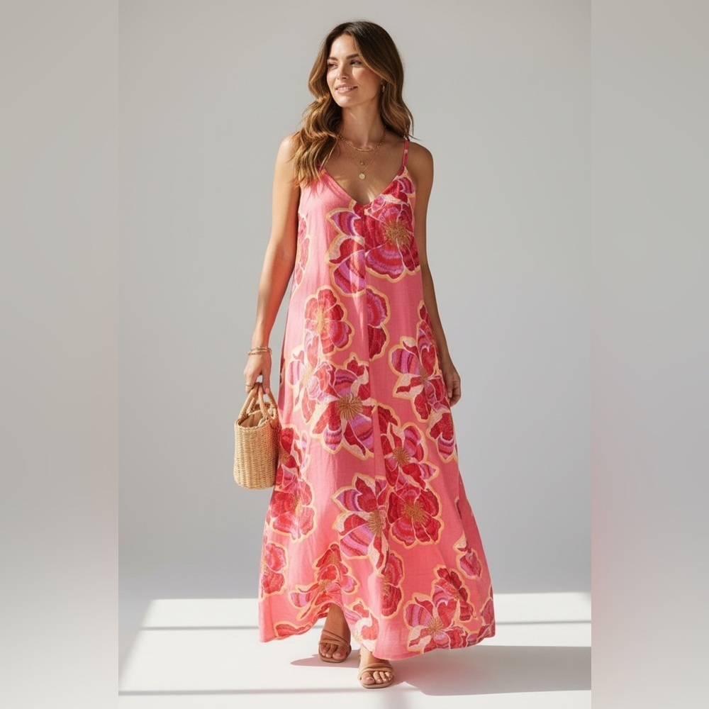 LOFT Pink Floral Linen Blend Maxi Dress Petite 12P